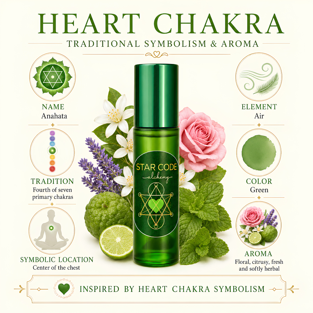 Heart Chakra roll-on with Anahata symbolism, Air element, green color, and floral citrus aroma