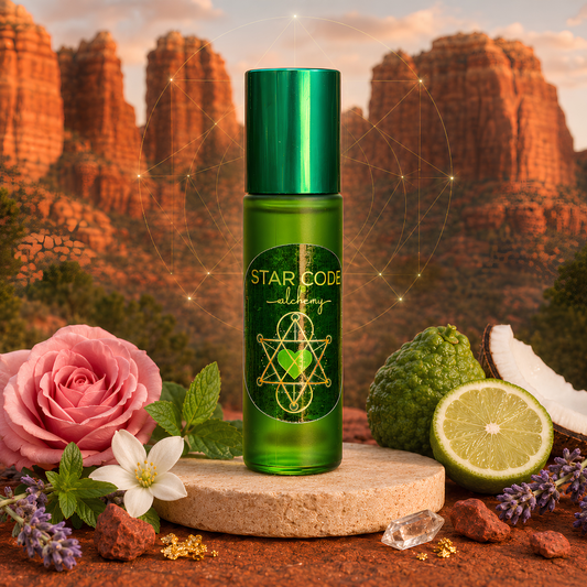 Star Code Alchemy Heart Chakra roll-on in Sedona with Rose, Neroli, Bergamot, Lavender, Peppermint, coconut, red rocks, gold flakes, and clear quartz