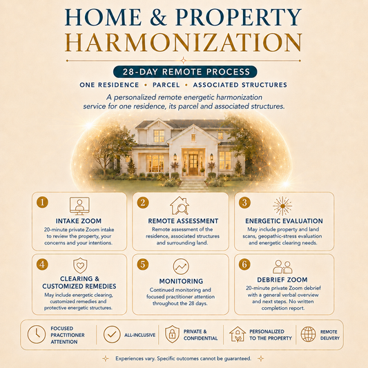 Home and Property Harmonization 28-day remote process showing intake Zoom, remote assessment, energetic evaluation, customized remedies, monitoring and debrief.