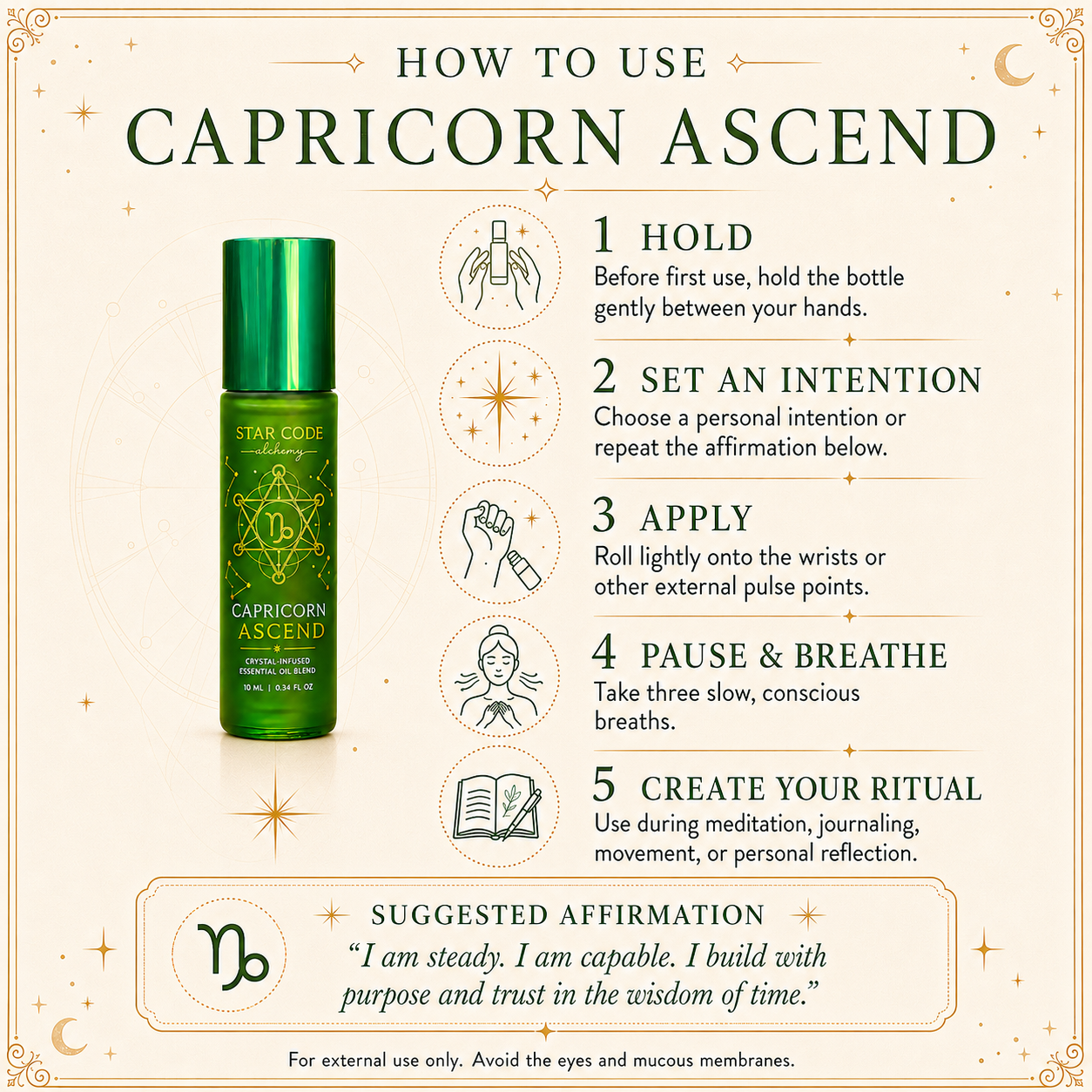 Illustrated five-step ritual for holding, setting an intention, applying, breathing, and using Capricorn Ascend.
