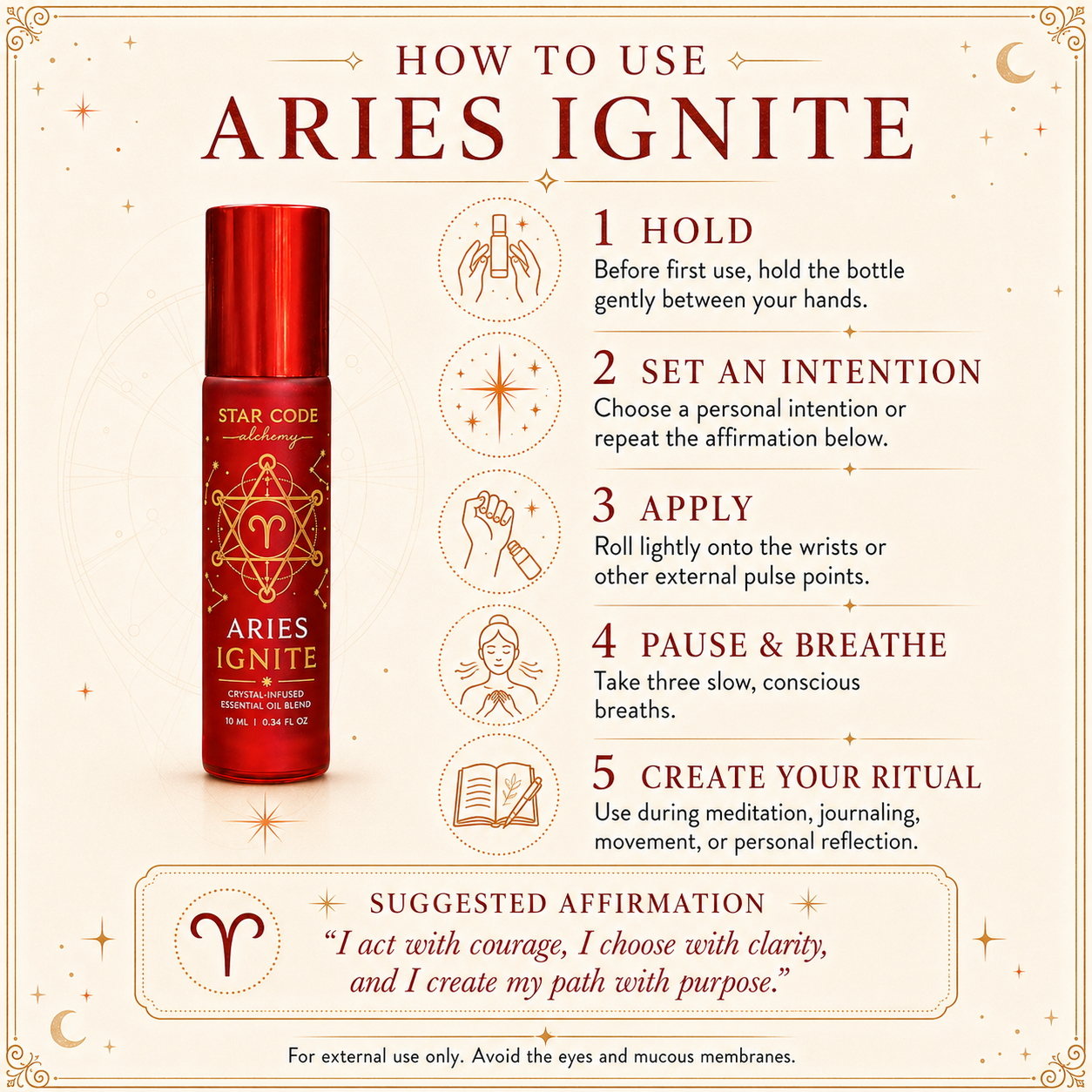 Five-step guide for activating, applying, and using the Aries Ignite essential oil roll-on during personal rituals