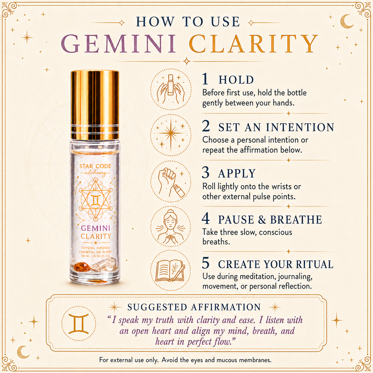 Five-step guide for activating, applying, and using the Gemini Clarity essential oil roll-on during personal rituals