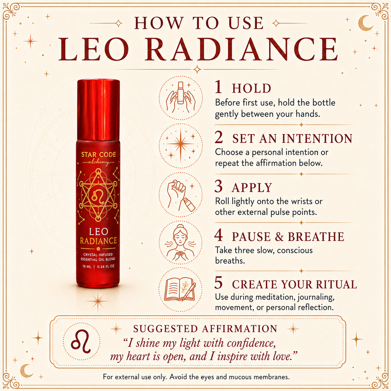 Five-step guide for activating, applying, and using the Leo Radiance essential oil roll-on during personal rituals