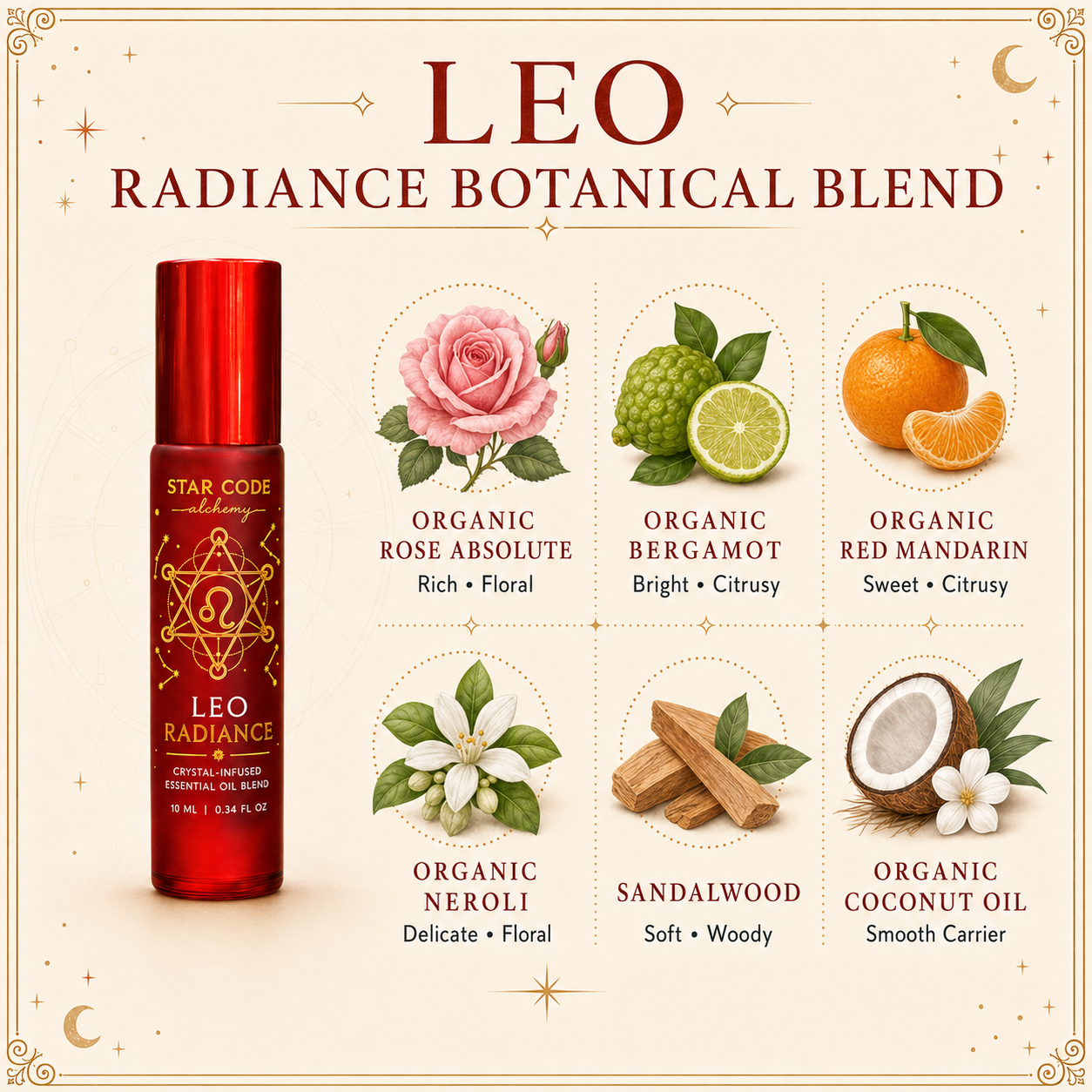 Leo Radiance roll-on with organic Rose Absolute, organic Bergamot, organic Red Mandarin, organic Neroli, Sandalwood, and organic coconut oil