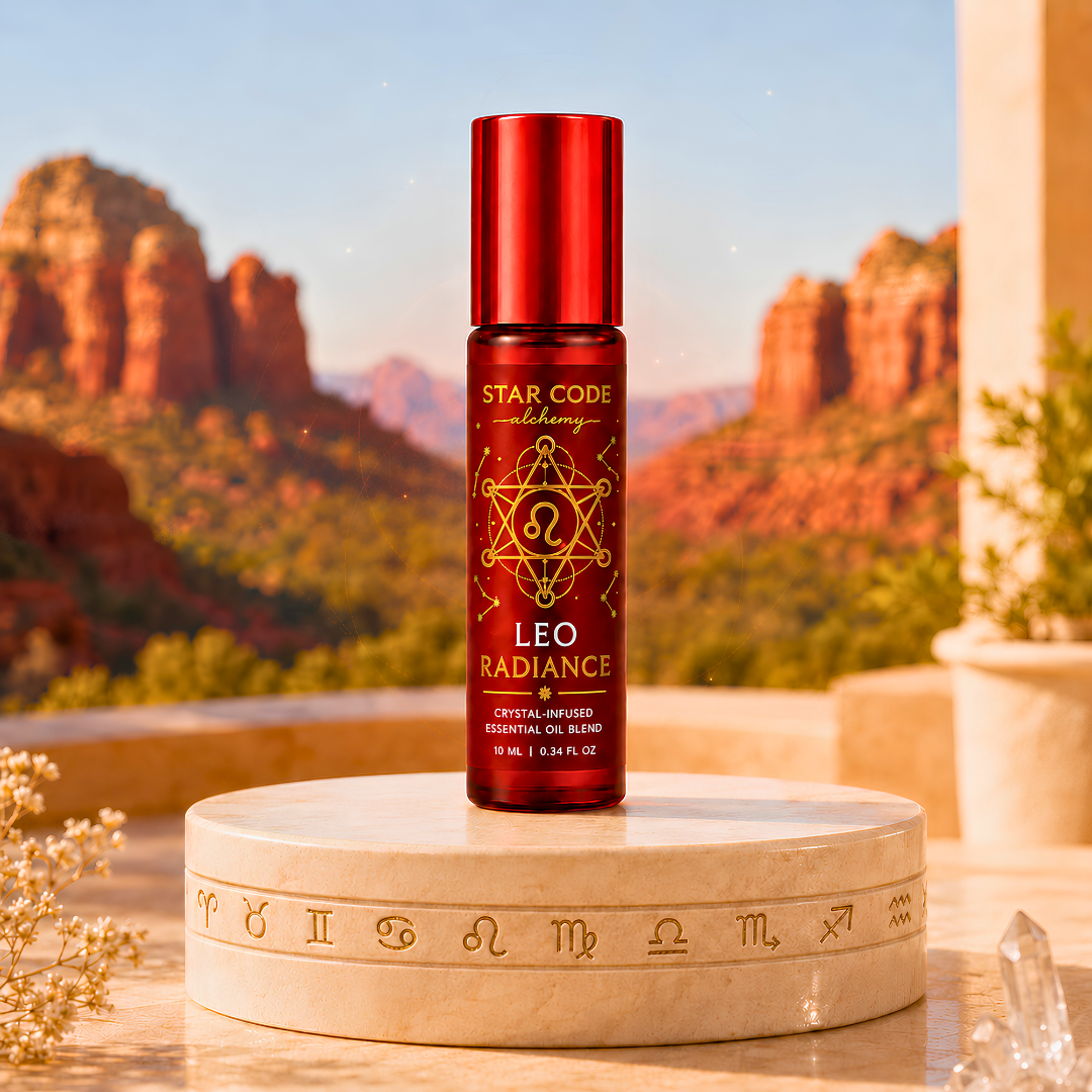 Star Code Alchemy Leo Radiance essential oil roll-on displayed on a zodiac pedestal with Sedona red rocks and clear quartz