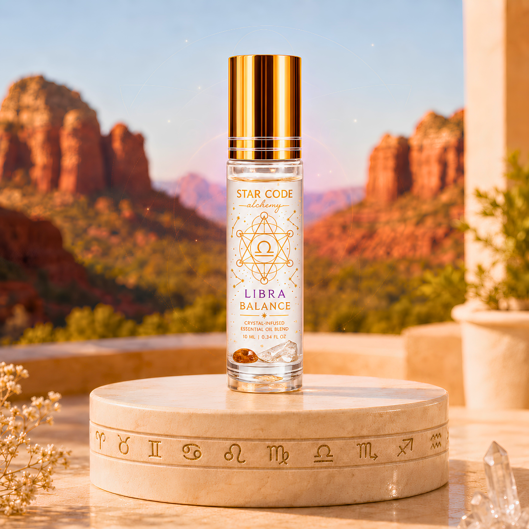 Libra Balance essential oil roll-on displayed against the red rocks of Sedona, Arizona.