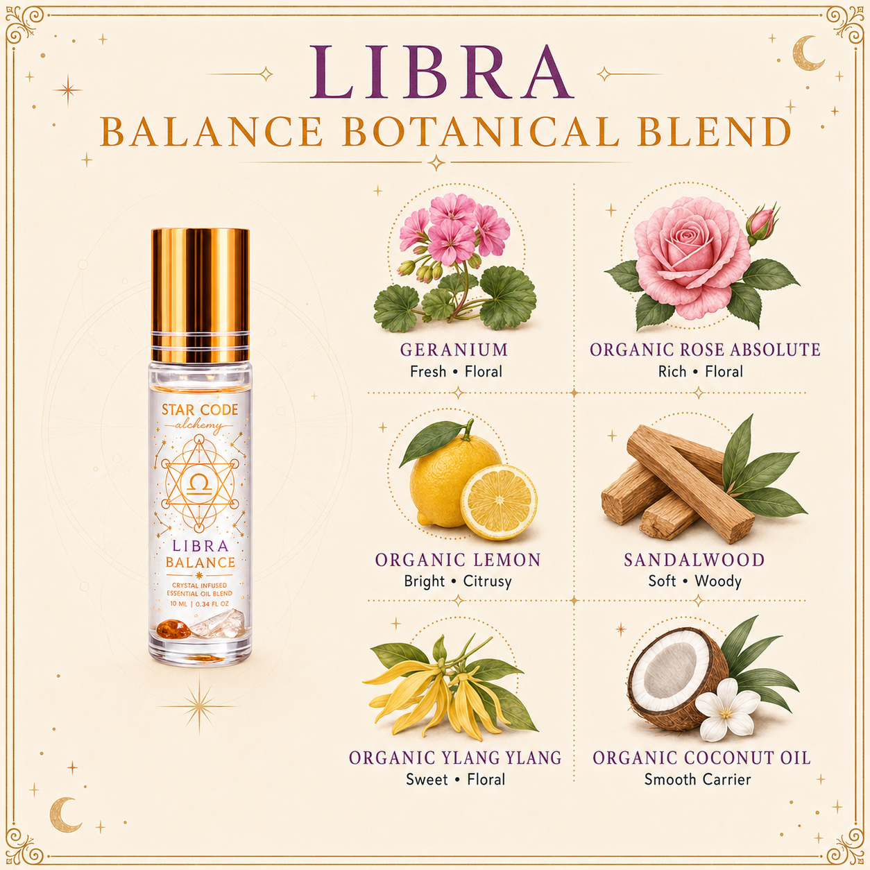 Libra Balance roll-on with geranium, organic Rose Absolute, organic lemon, sandalwood, organic ylang ylang, and organic coconut oil.