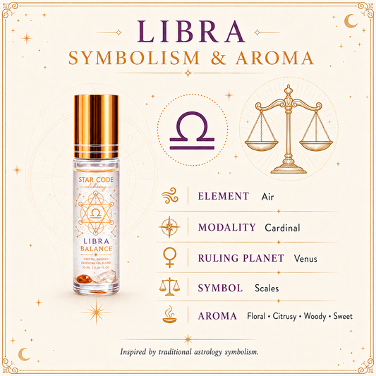 Libra Balance roll-on with the Scales, Air element, Cardinal modality, Venus rulership, and floral citrus aroma.