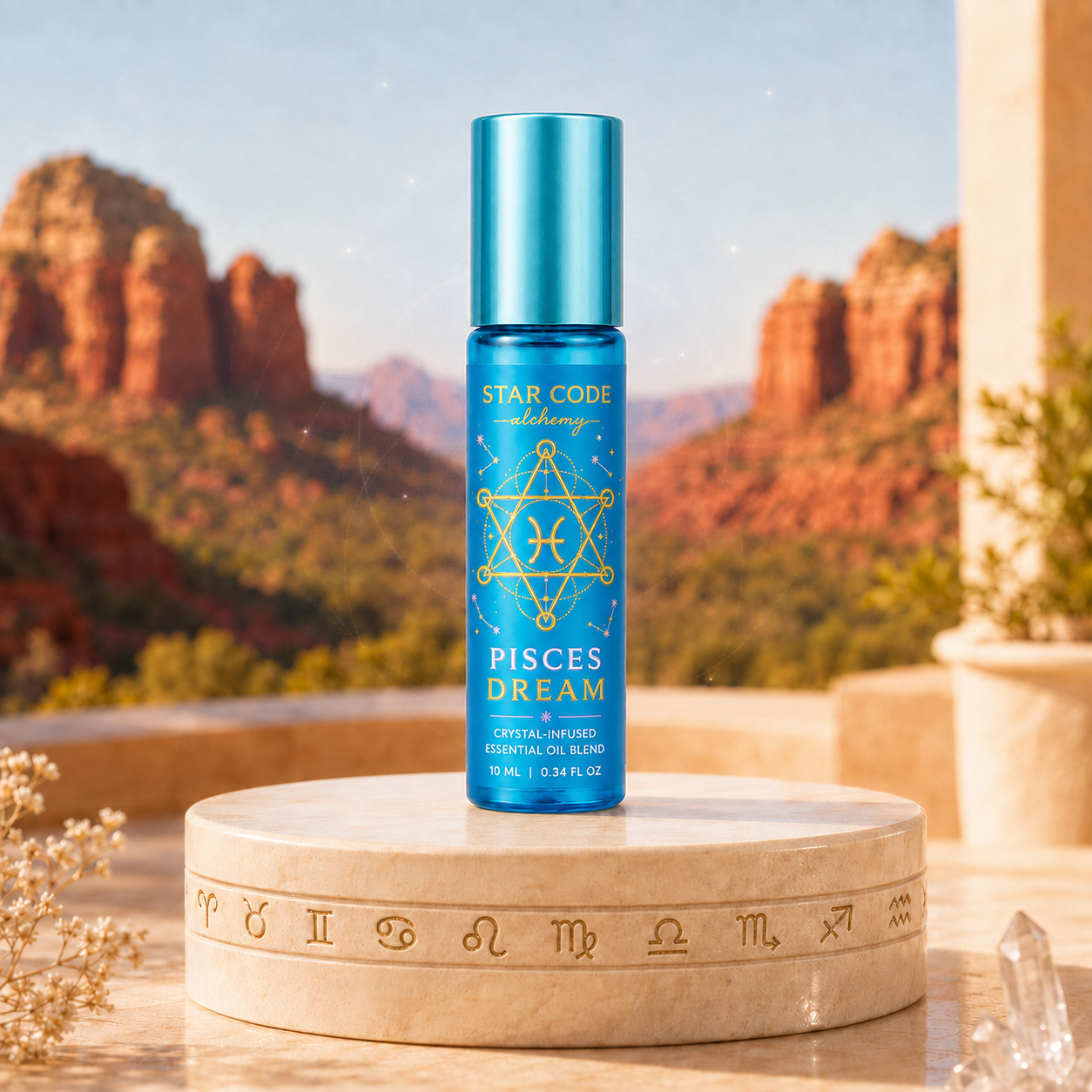 Pisces Dream essential oil roll-on displayed against the red rocks of Sedona, Arizona.