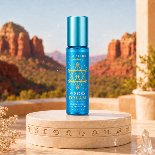 Pisces Dream essential oil roll-on displayed against the red rocks of Sedona, Arizona.