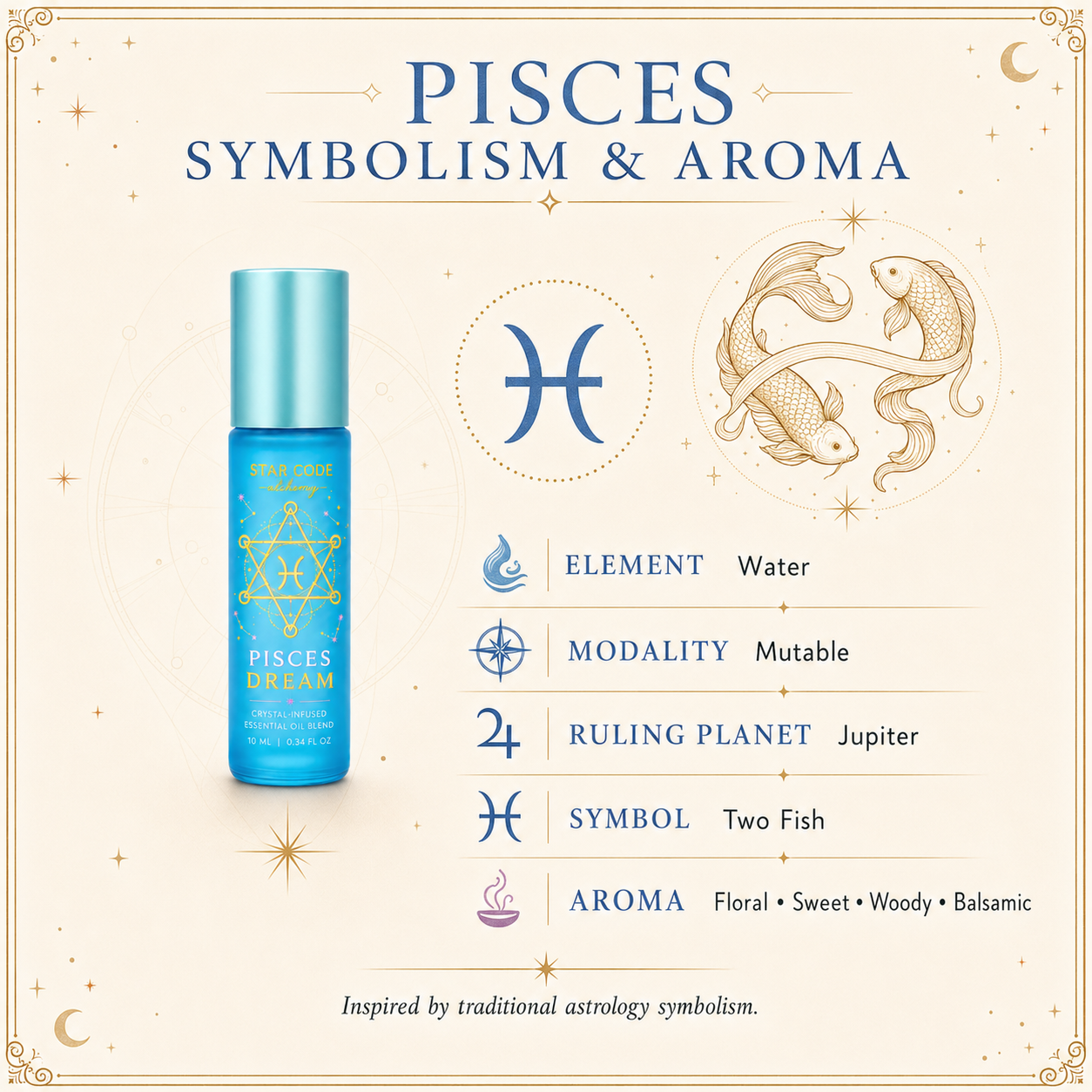 Pisces Dream roll-on with the Pisces glyph, Two Fish, Water element, Mutable modality, Jupiter rulership, and floral aroma profile.
