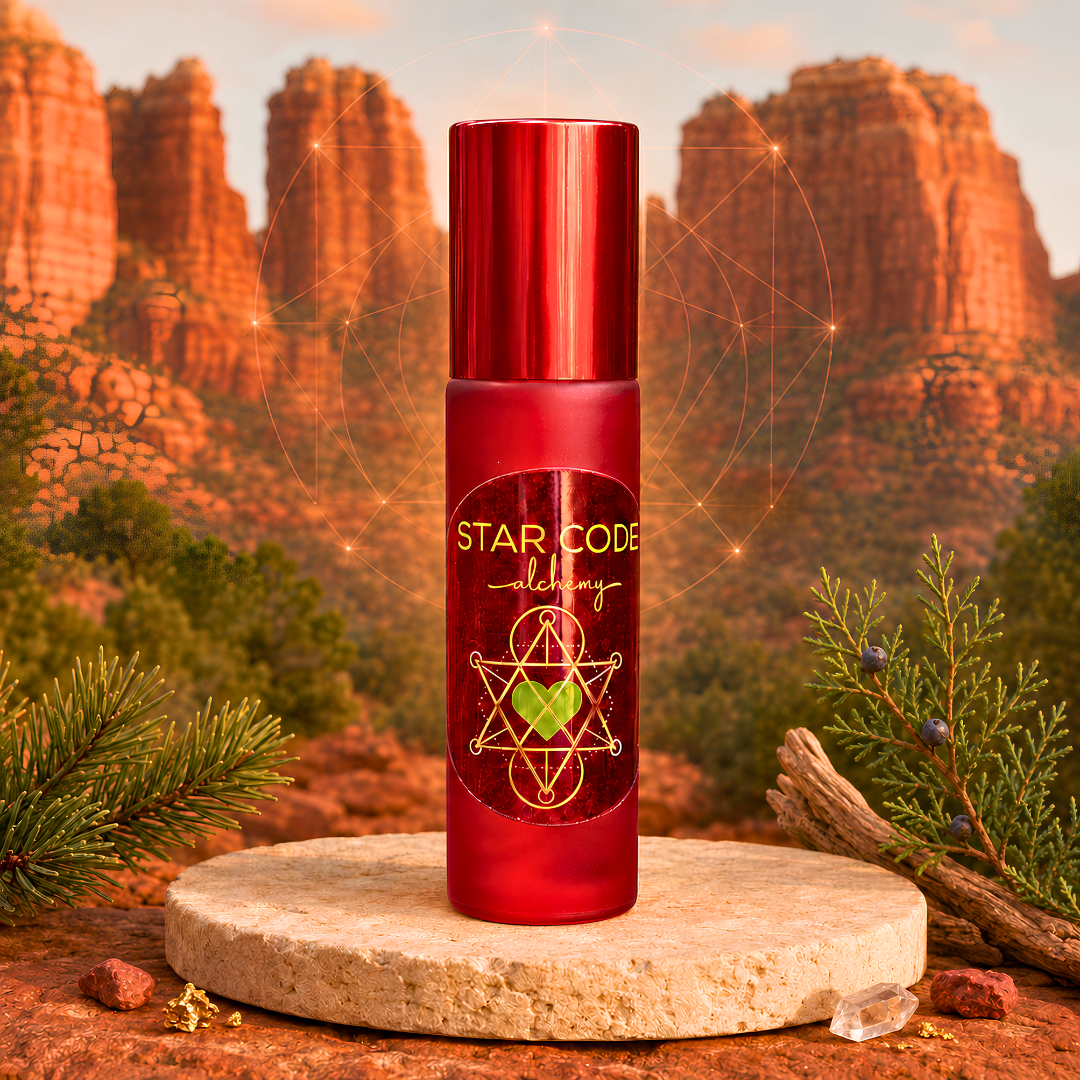Star Code Alchemy Root Chakra essential oil roll-on displayed on limestone with Sedona red rocks and botanicals
