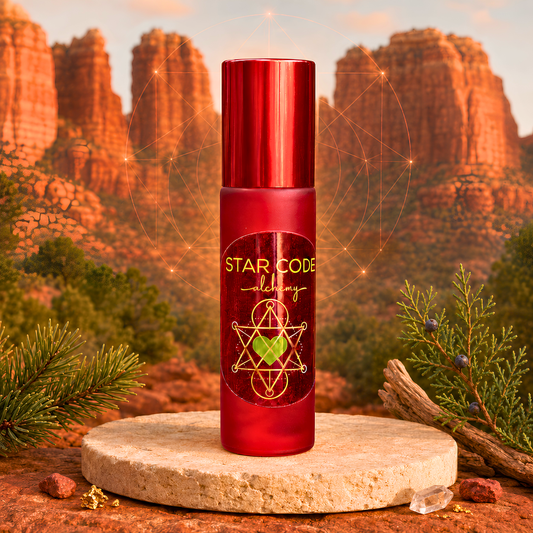 Star Code Alchemy Root Chakra essential oil roll-on displayed on limestone with Sedona red rocks and botanicals