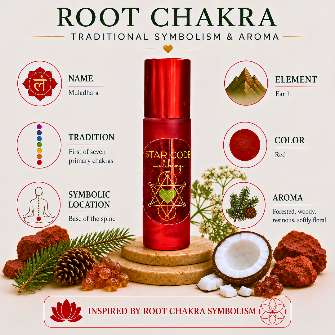 Root Chakra roll-on with Muladhara symbolism, red color, earth association, and deep forested aroma