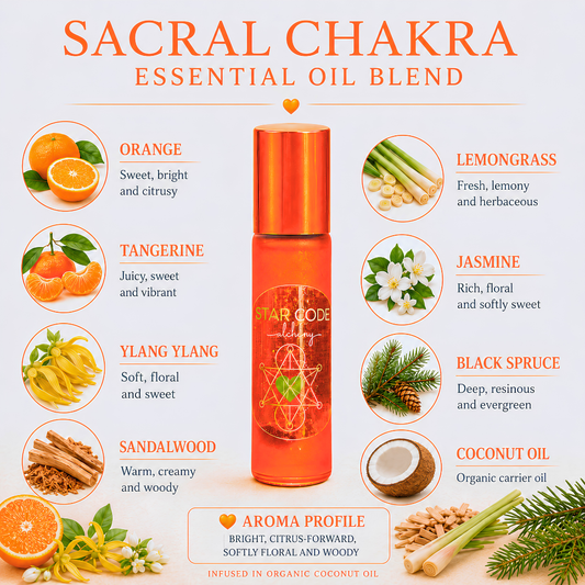 Sacral Chakra roll-on with Orange, Tangerine, Ylang Ylang, Sandalwood, Lemongrass, Jasmine, and Black Spruce