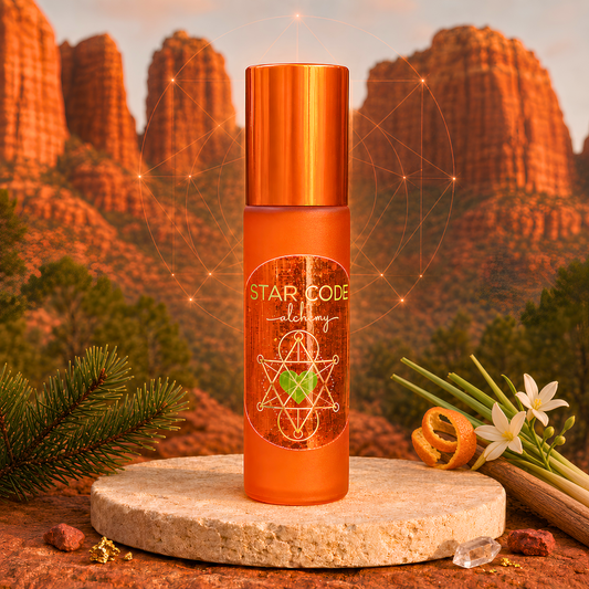 Star Code Alchemy Sacral Chakra roll-on on limestone with Sedona red rocks and botanical ingredients