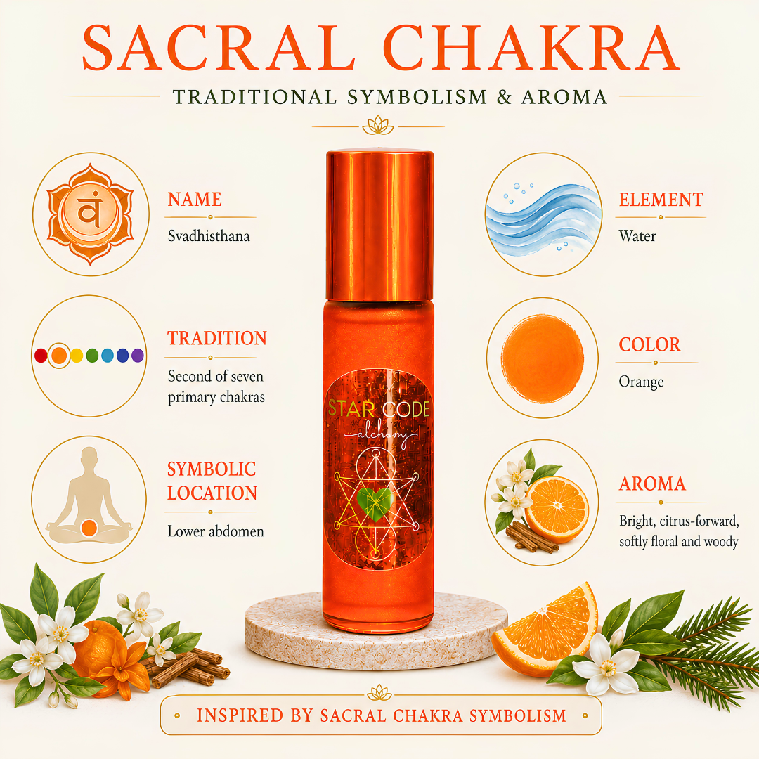 Sacral Chakra roll-on with Svadhisthana symbolism, Water element, orange color, and citrus floral aroma