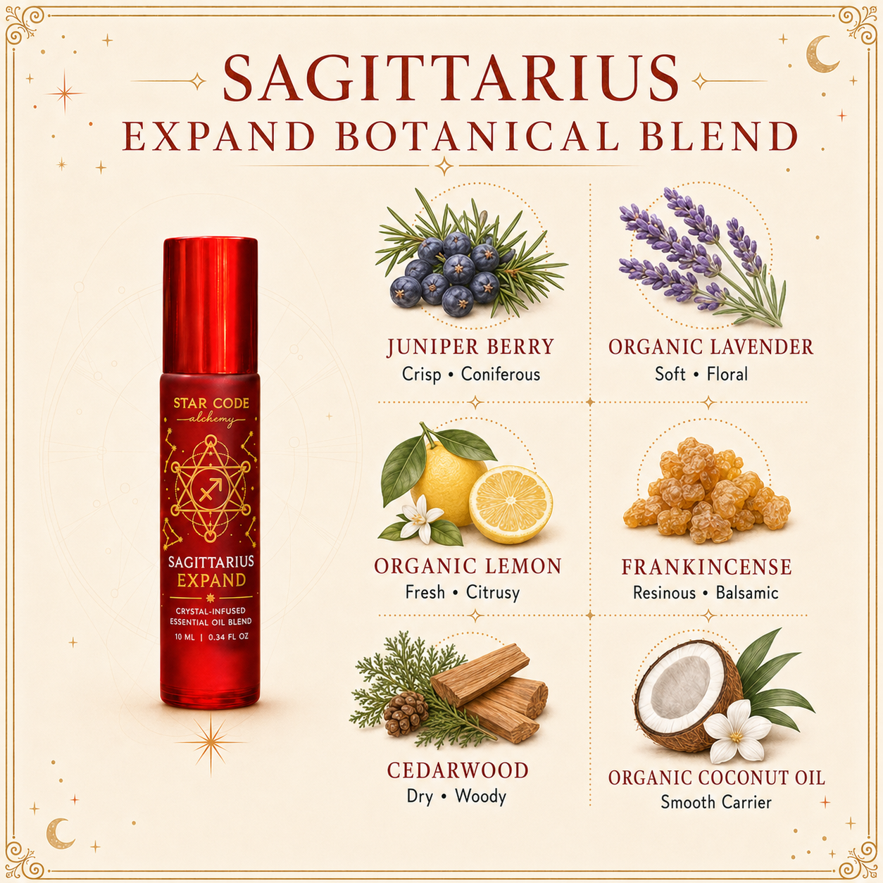 Sagittarius Expand roll-on with juniper berry, organic lavender, organic lemon, frankincense, cedarwood, and organic coconut oil.