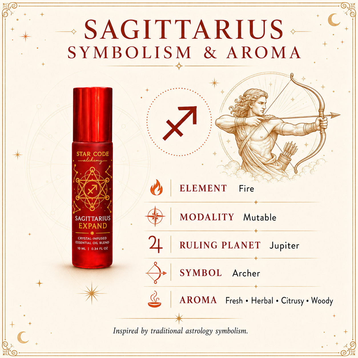 Sagittarius Expand roll-on with the Archer, Fire element, Mutable modality, Jupiter rulership, and fresh herbal aroma.