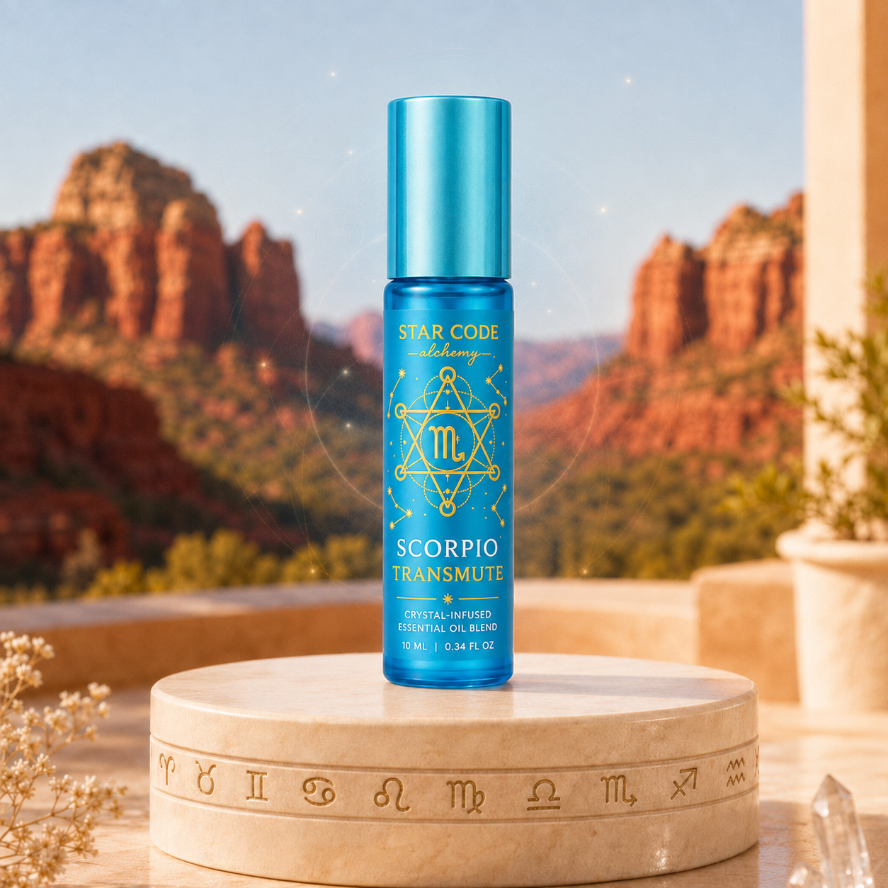 Scorpio Transmute essential oil roll-on displayed against the red rocks of Sedona, Arizona.