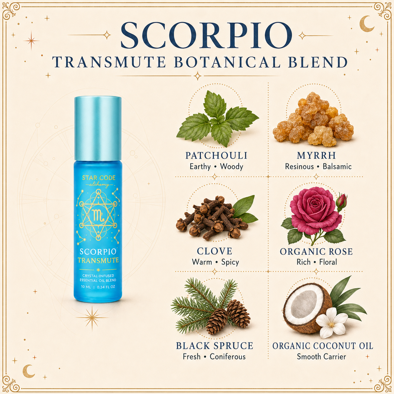 Scorpio Transmute roll-on with patchouli, myrrh, clove, organic rose, black spruce, and organic coconut oil.