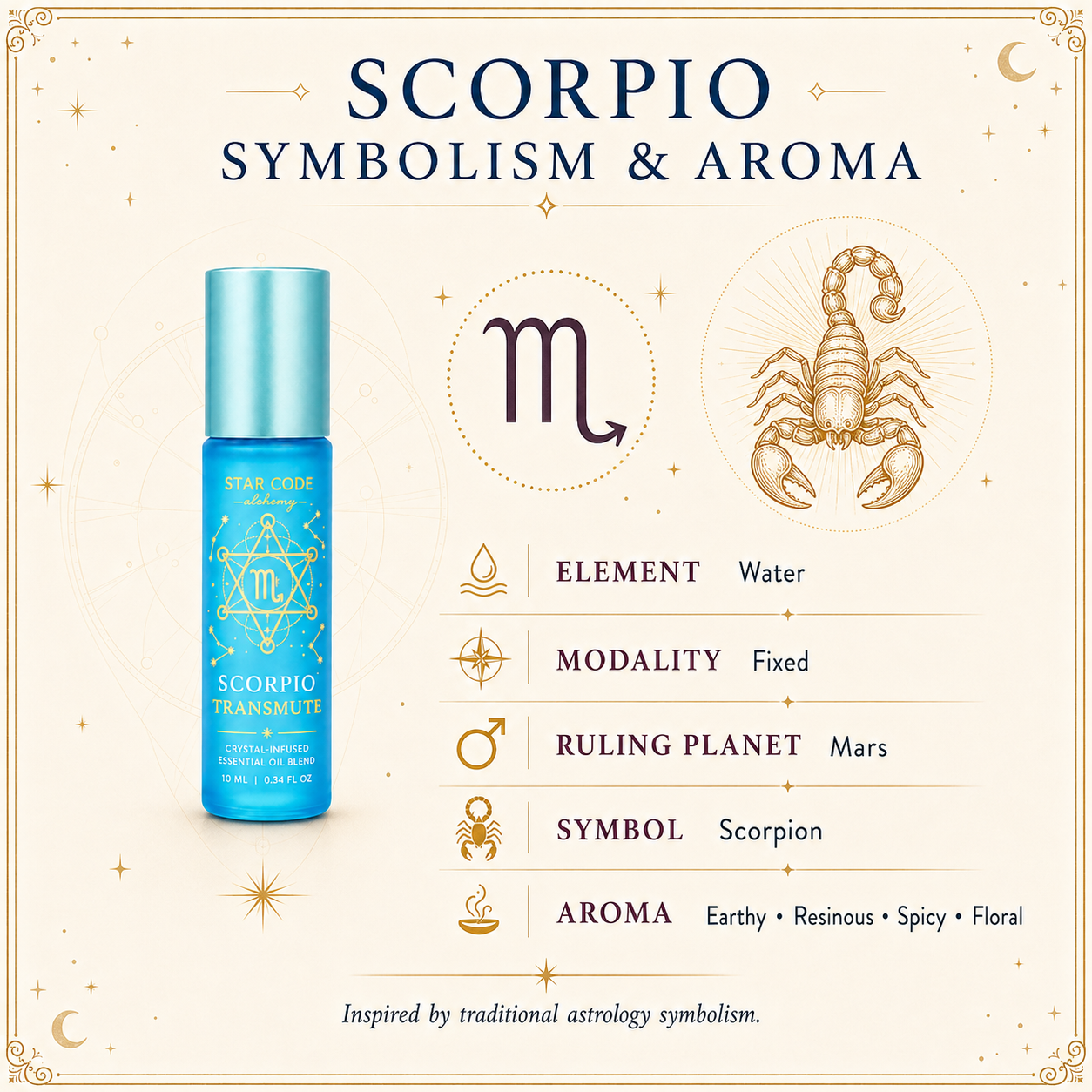 Scorpio Transmute roll-on with the Scorpion, Water element, Fixed modality, Mars rulership, and earthy resinous aroma.