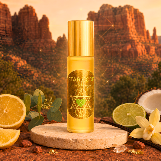 Star Code Alchemy Solar Plexus Chakra roll-on in Sedona with Lemon, Lime, Vanilla, Eucalyptus, coconut, red rocks, gold flakes, and clear quartz