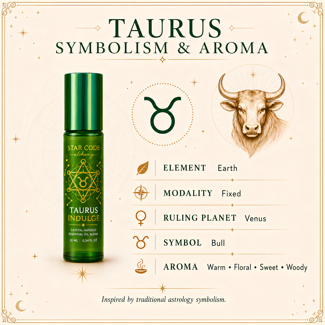 Taurus Indulge roll-on with traditional Taurus Earth element, Fixed modality, Venus ruling planet, Bull symbol, and warm floral sweet woody aroma