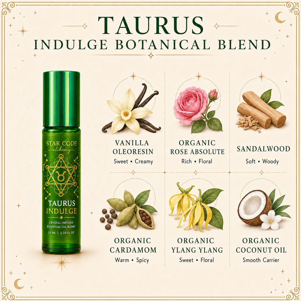 Taurus Indulge roll-on with Vanilla Oleoresin, organic Rose Absolute, Sandalwood, organic Cardamom, organic Ylang Ylang, and organic coconut oil
