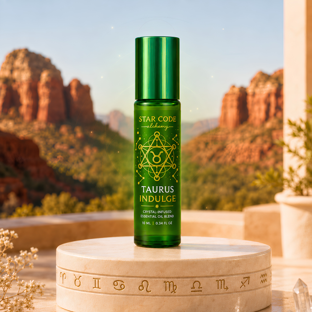 Star Code Alchemy Taurus Indulge essential oil roll-on displayed on a zodiac pedestal with Sedona red rocks and clear quartz