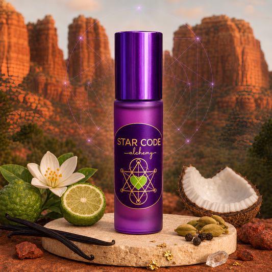 Star Code Alchemy Third Eye Chakra roll-on in Sedona with botanical ingredients, red rocks, gold flakes, and a small clear quartz crystal
