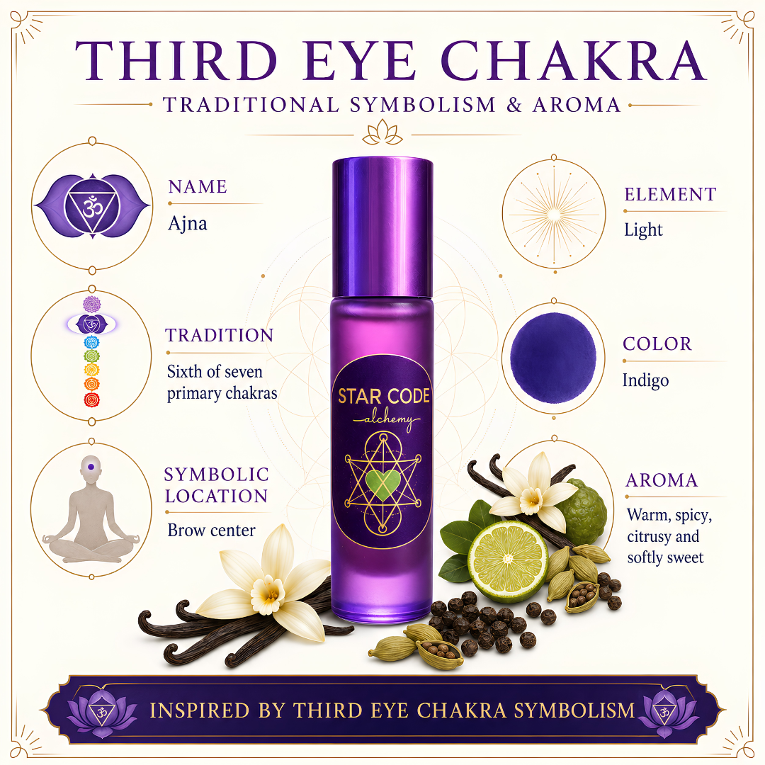 Third Eye Chakra roll-on with Ajna symbolism, indigo color, light association, and warm spiced citrus aroma