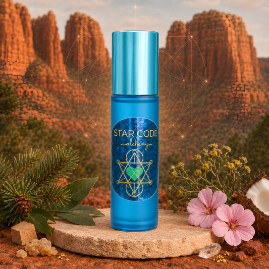 Star Code Alchemy Throat Chakra roll-on in Sedona with Black Spruce, Camphor, Blue Tansy, Frankincense, Geranium, coconut, red rocks, gold flakes, and clear quartz