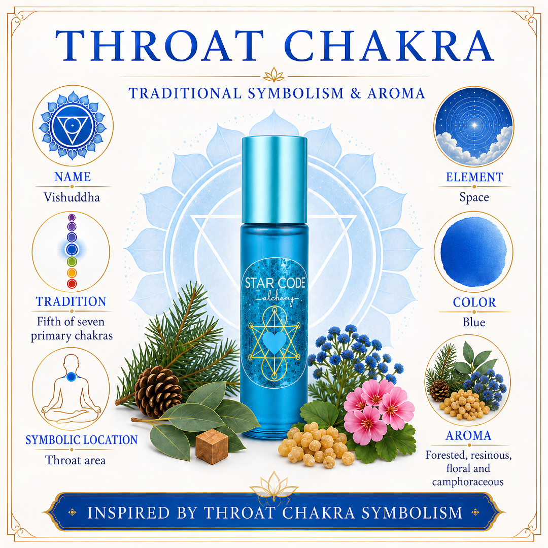Throat Chakra roll-on with Vishuddha symbolism, Space element, blue color, and forested resinous aroma