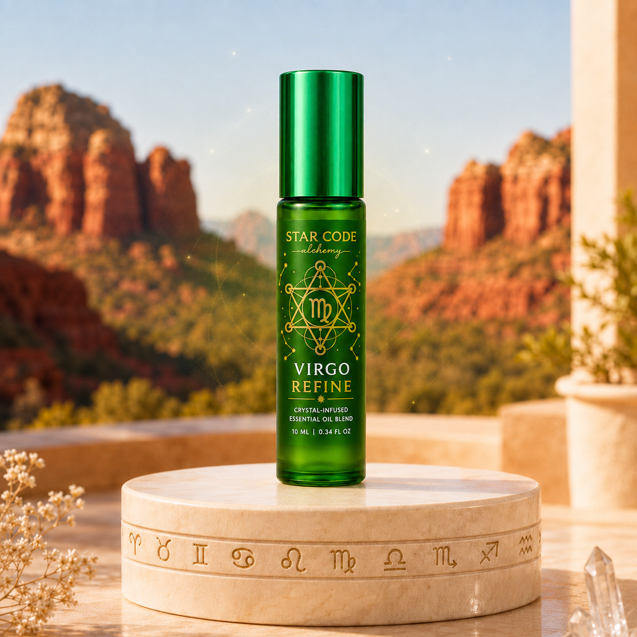 Virgo Refine essential oil roll-on displayed against the red rocks of Sedona, Arizona.