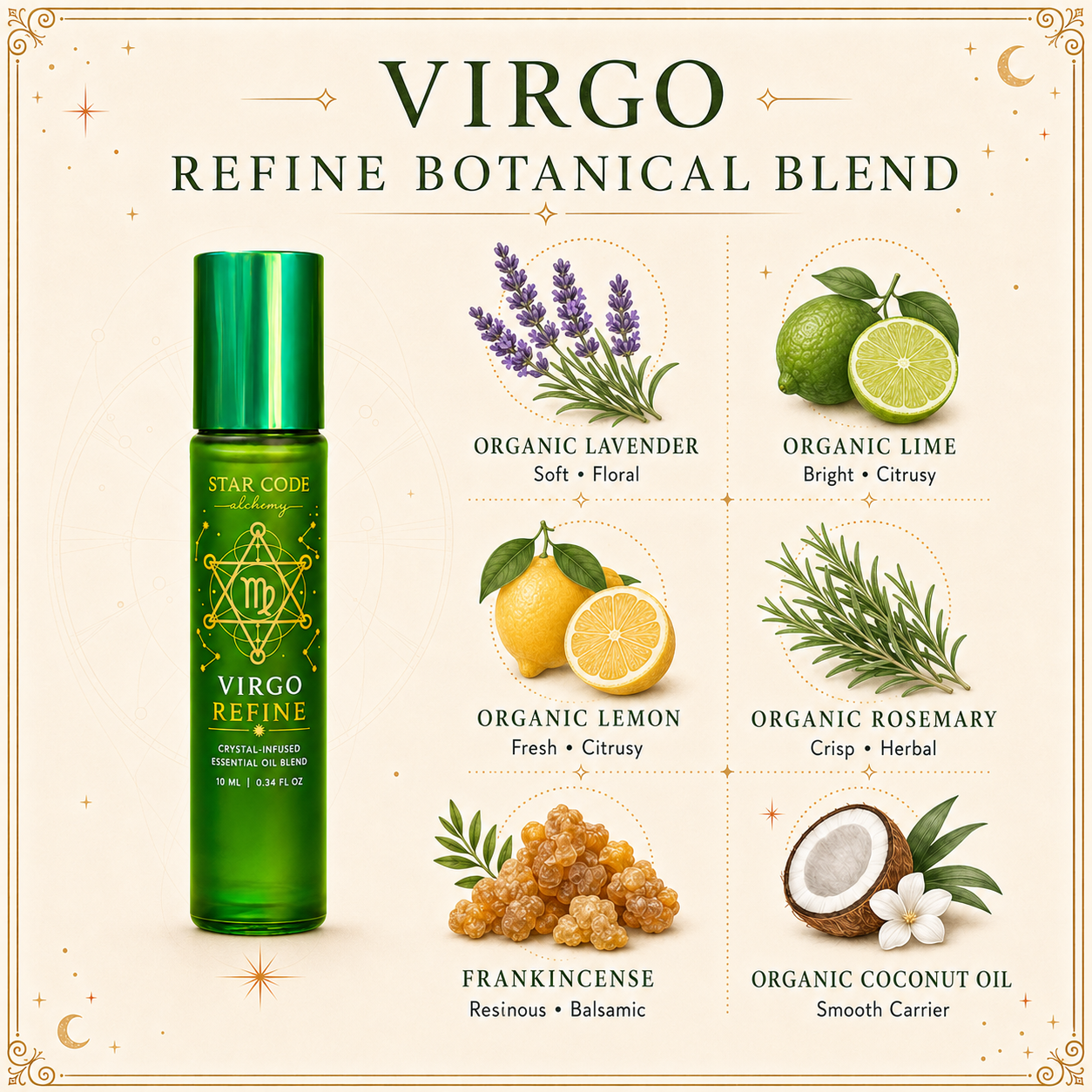 Virgo Refine roll-on with organic lavender, lime, lemon, rosemary and coconut oil, plus frankincense.