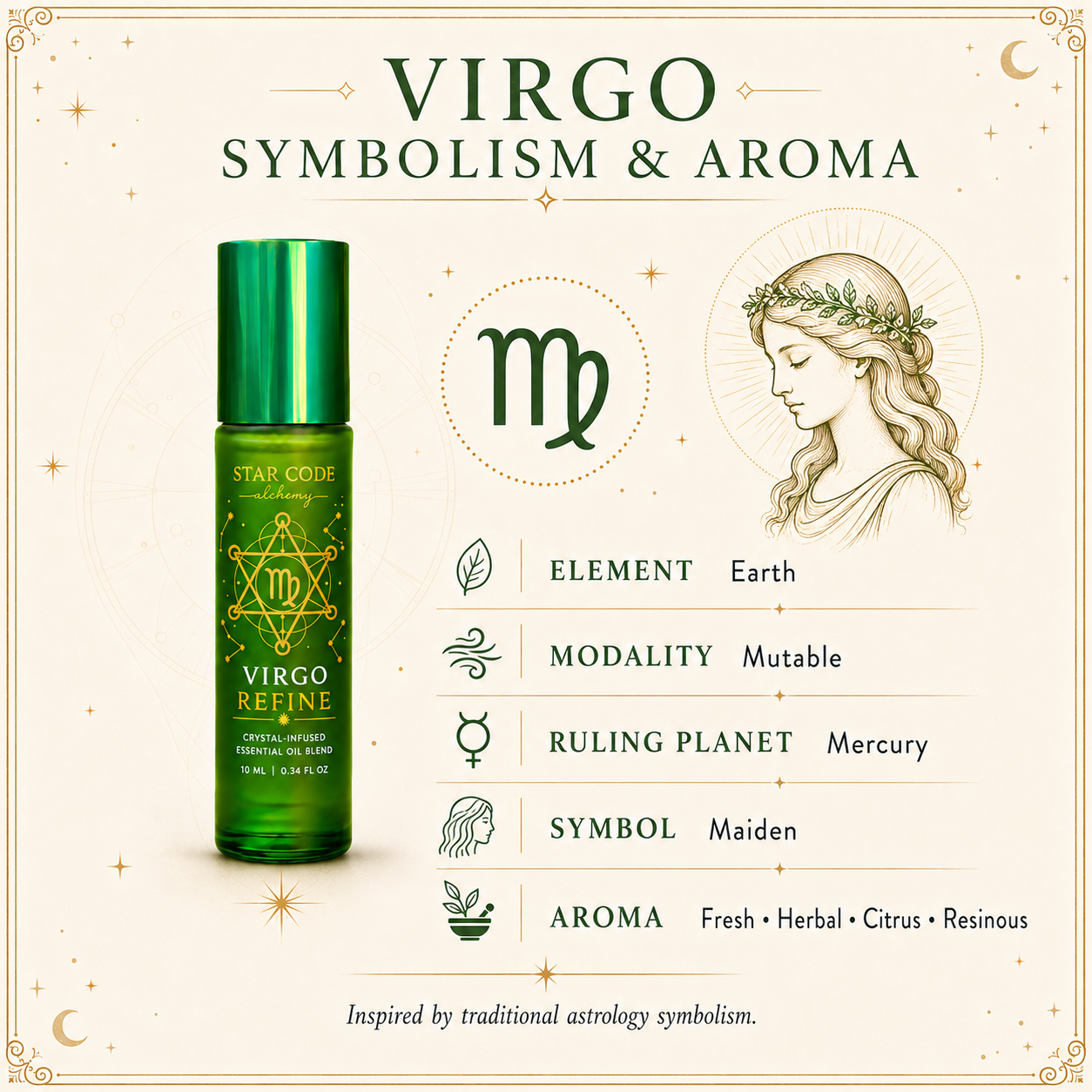 Virgo Refine roll-on with the Virgo maiden, Earth element, mutable modality, Mercury rulership, and aroma profile.