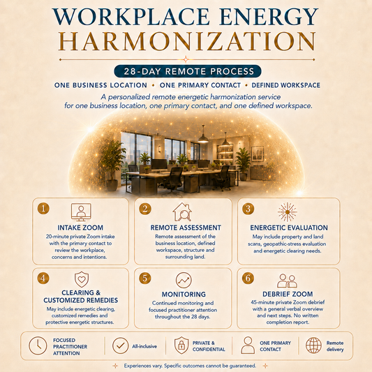 Workplace Energy Harmonization process showing intake Zoom, remote assessment, energetic evaluation, customized remedies, monitoring and 45-minute debrief.